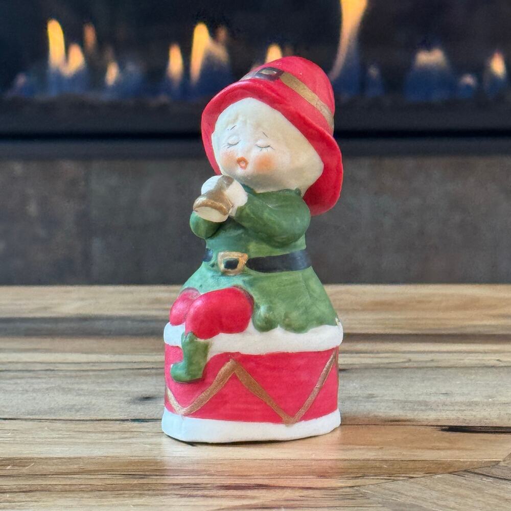 Vintage 1978 Jasco Merri-Bells Bisque Elf Playing Horn on Drum Christmas Bell - Picture 7 of 11